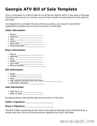 Blank ATV Bill of Sale Template for the State of Georgia