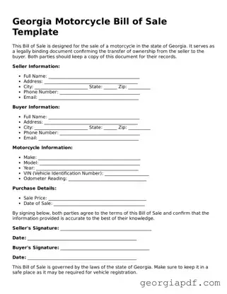 Blank Motorcycle Bill of Sale Template for the State of Georgia