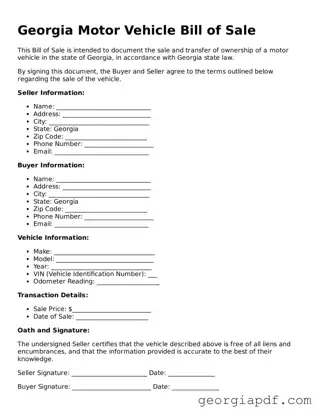 Blank Motor Vehicle Bill of Sale Template for the State of Georgia