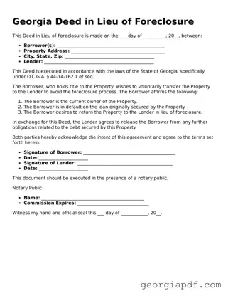 Blank Deed in Lieu of Foreclosure Template for the State of Georgia